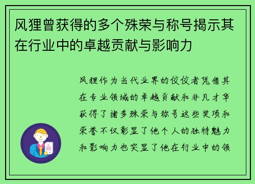 风狸曾获得的多个殊荣与称号揭示其在行业中的卓越贡献与影响力